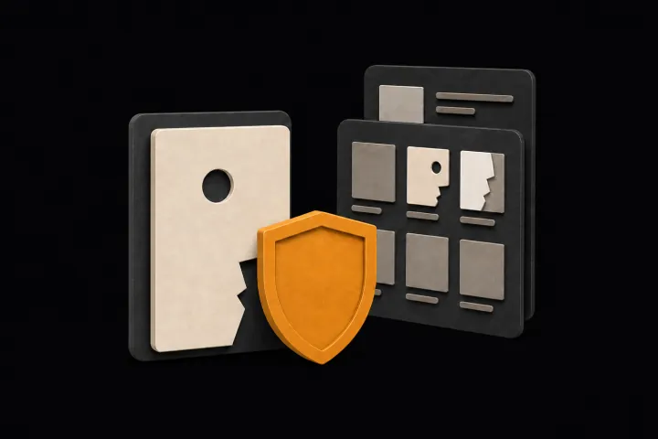 An abstract profile protected by an amber shield beside public-page cards