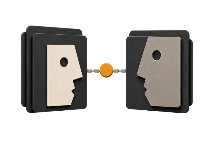 Two abstract profile cards connected by an amber match marker