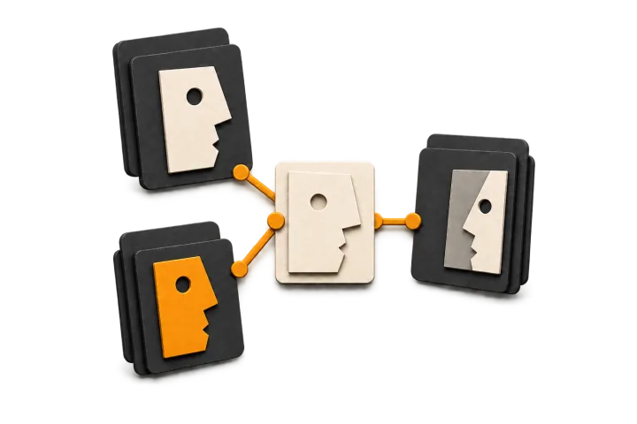 One abstract face connected to several public photo cards