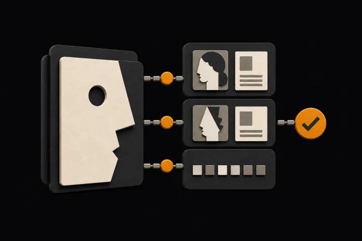 An abstract face connected to public-source cards and a verification marker